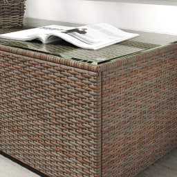 Outsunny Outdoor Coffee Table, PE Rattan Side Table with Tempered Glass Top, Wicker Square Garden Coffee Table End Table