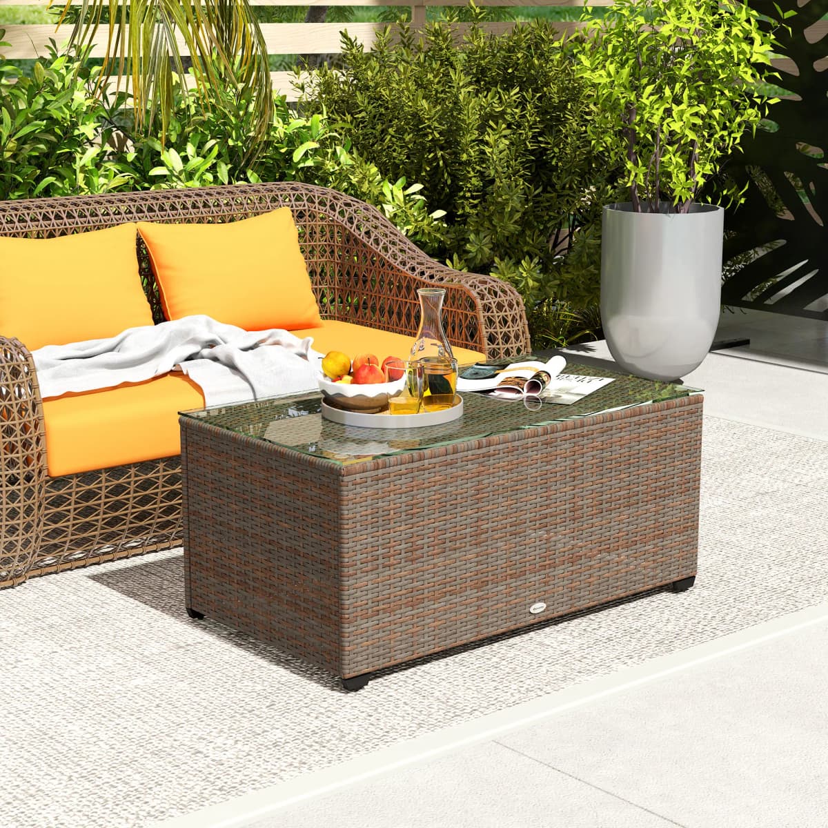 Outsunny Outdoor Coffee Table, PE Rattan Side Table with Tempered Glass Top, Wicker Square Garden Coffee Table End Table