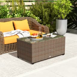 Outsunny Outdoor Coffee Table, PE Rattan Side Table with Tempered Glass Top, Wicker Square Garden Coffee Table End Table