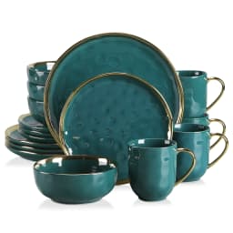 LOVECASA 16/32 Piece Green Porcelain Dinnerware Set with 4PCS Gold Trim Dessert Plate,Dinner Plate,Cup,Bowl Tableware Set