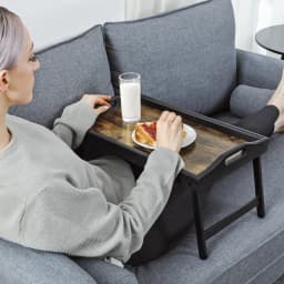 SONGMICS Bed Tray Table with Bamboo Folding Legs, Breakfast Tray for Sofa, Bed, Serving Snack Tray with Groove for Phone Tablet