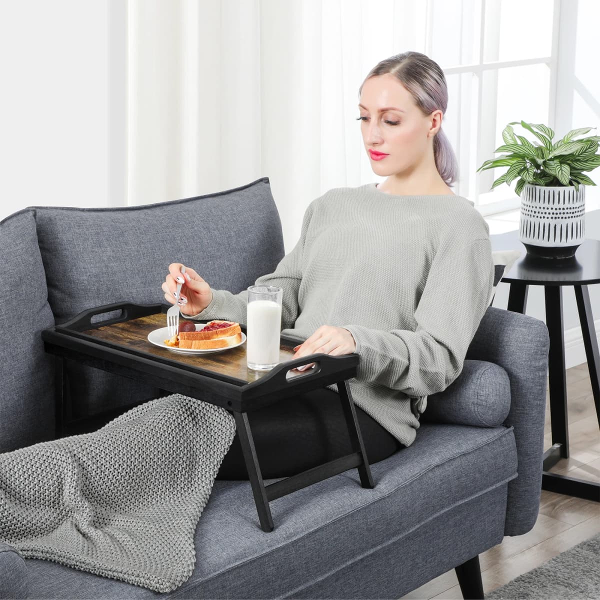 SONGMICS Bed Tray Table with Bamboo Folding Legs, Breakfast Tray for Sofa, Bed, Serving Snack Tray with Groove for Phone Tablet