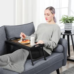 SONGMICS Bed Tray Table with Bamboo Folding Legs, Breakfast Tray for Sofa, Bed, Serving Snack Tray with Groove for Phone Tablet