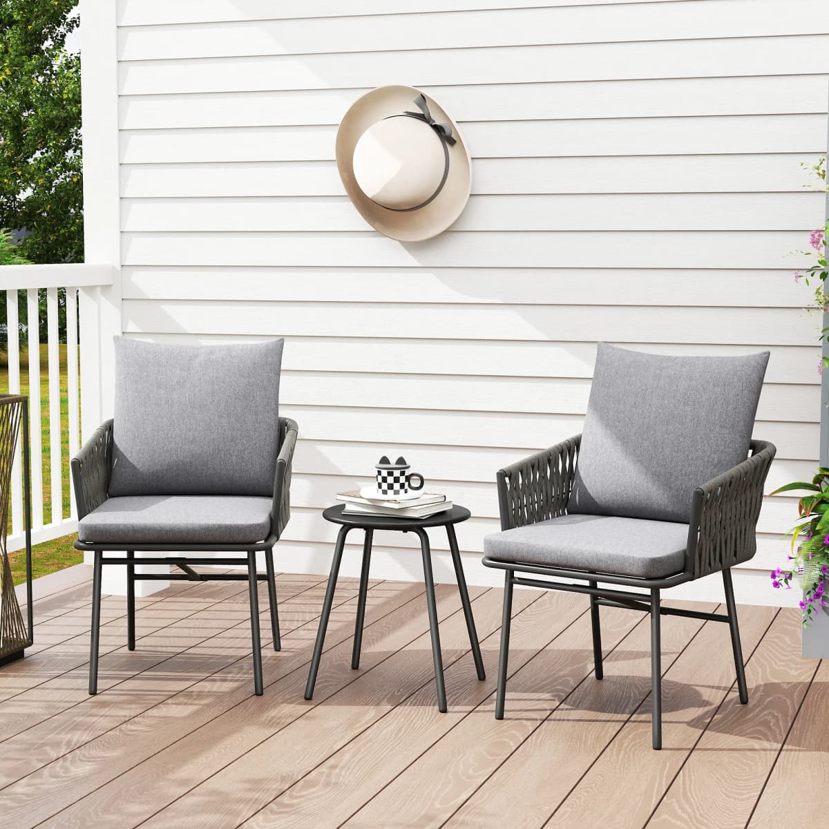 Outsunny 3-Piece Rattan Bistro Set, Garden Table and Chairs with 4 Cushions, Grey