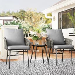 Outsunny 3-Piece Rattan Bistro Set, Garden Table and Chairs with 4 Cushions, Grey