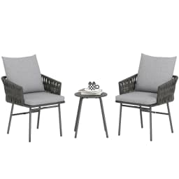 Outsunny 3-Piece Rattan Bistro Set, Garden Table and Chairs with 4 Cushions, Grey
