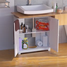 Free Standing Wooden Sink Storage Organiser, Bathroom Floor Basin Cupboard Unit Storage Cabinet with Double Doors, 60 x 30 x 60