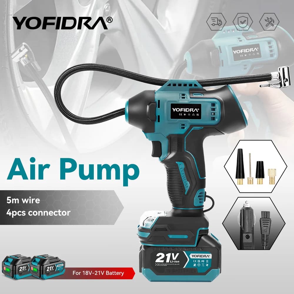 YOFIDRA Electric Air Pump Tire Inflator High Pressure Digital Display Car Air Compressor Tool For Makita 18-21V Battery Pin