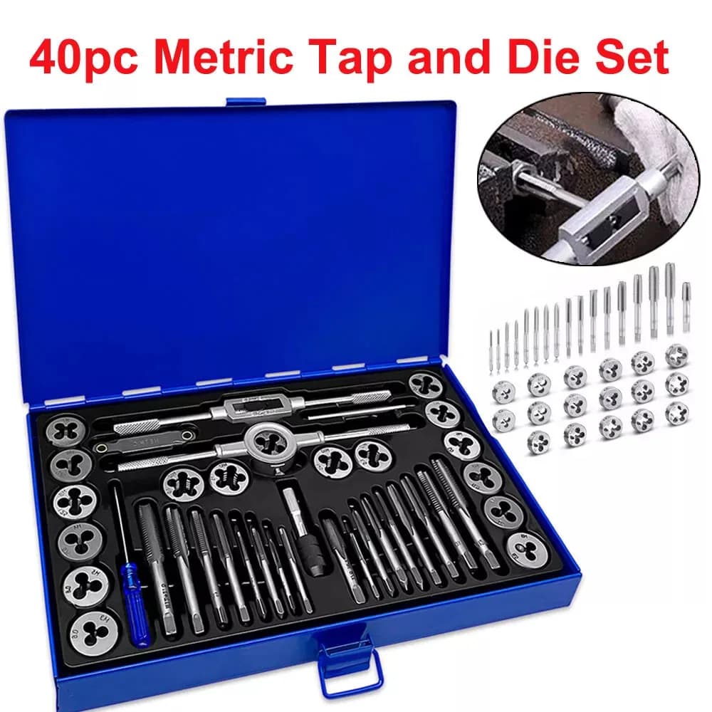 40PCS Metric Tap and Die Set Alloy Steel Pitch Gauge M3-M12 Alloy Steel Pitch Gauge Tough-Bearing Handle Tool with Blue Case