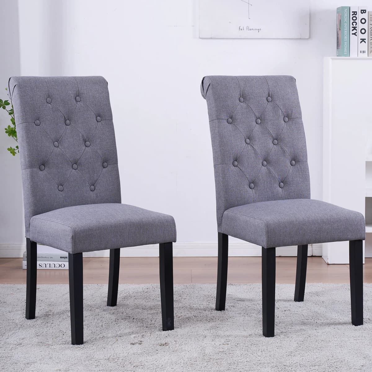 BonChoice 2x Grey Button Tufted High Back Dining Chairs Fabric Upholstered Room Kitchen