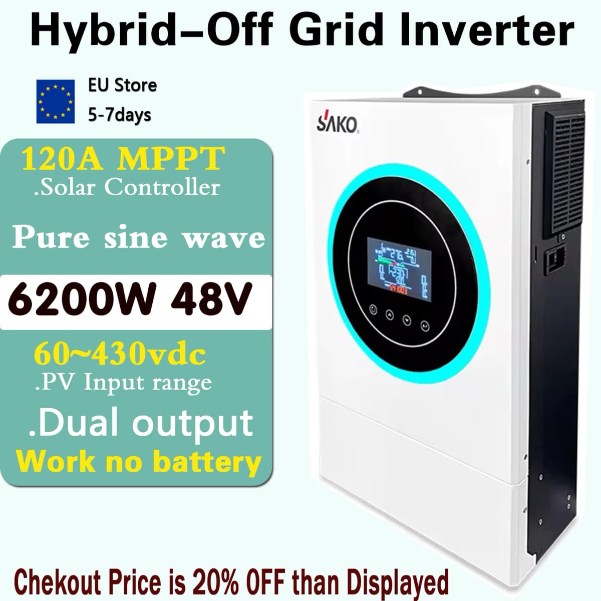 Sako Sunon V 6.5Kva/6.2KW 48V Hybrid Solar Inverter,Built-in 120A MPPT,Pure Sine Wave,Work without battery,60-450vdc Pv Input