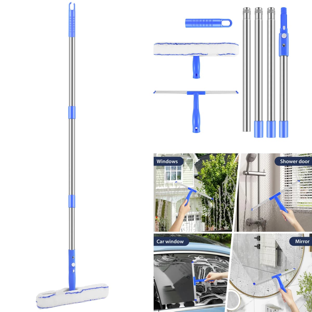 DayPlus Window Cleaner with Long Handle(65IN),with Silicone Squeegee&Microfiber Scrubber for Shower Glass Mirror Door Car