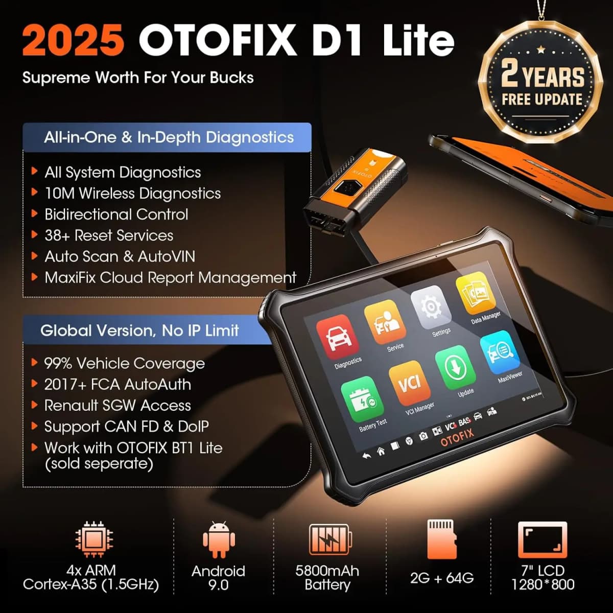 OTOFIX D1 Lite Bluetooth OBD2 Automotive Scanner Bidirectional Scan Tool Diagnostic Tool 2 Year Free Update CANFD DoIP Protocols