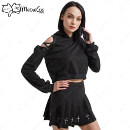Meowcos Women's Sexy Cute Gothic Dark Style Cat Ear Plush Long Sleeves Strap Decorated Hoodie Women Hooded Coat Pullover Top