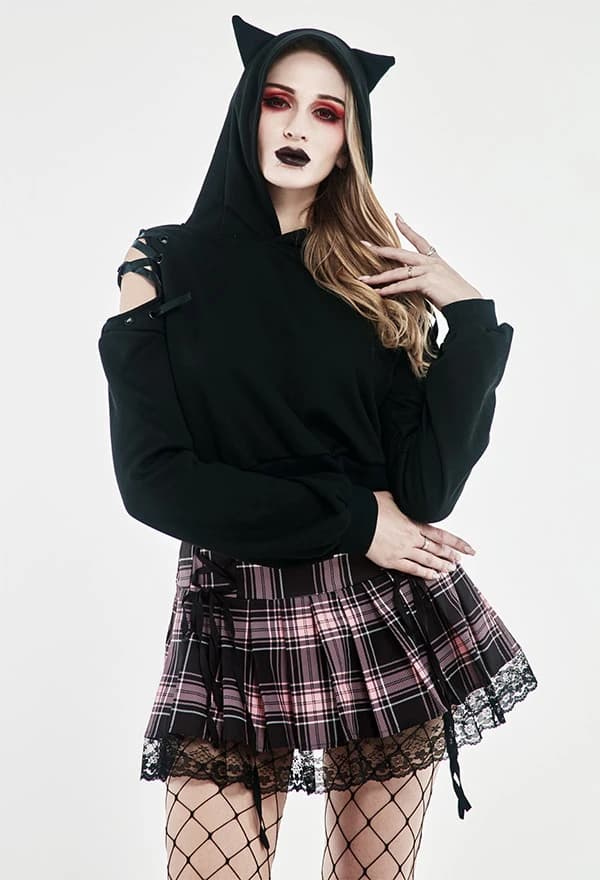 Meowcos Women's Sexy Cute Gothic Dark Style Cat Ear Plush Long Sleeves Strap Decorated Hoodie Women Hooded Coat Pullover Top