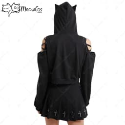 Meowcos Women's Sexy Cute Gothic Dark Style Cat Ear Plush Long Sleeves Strap Decorated Hoodie Women Hooded Coat Pullover Top