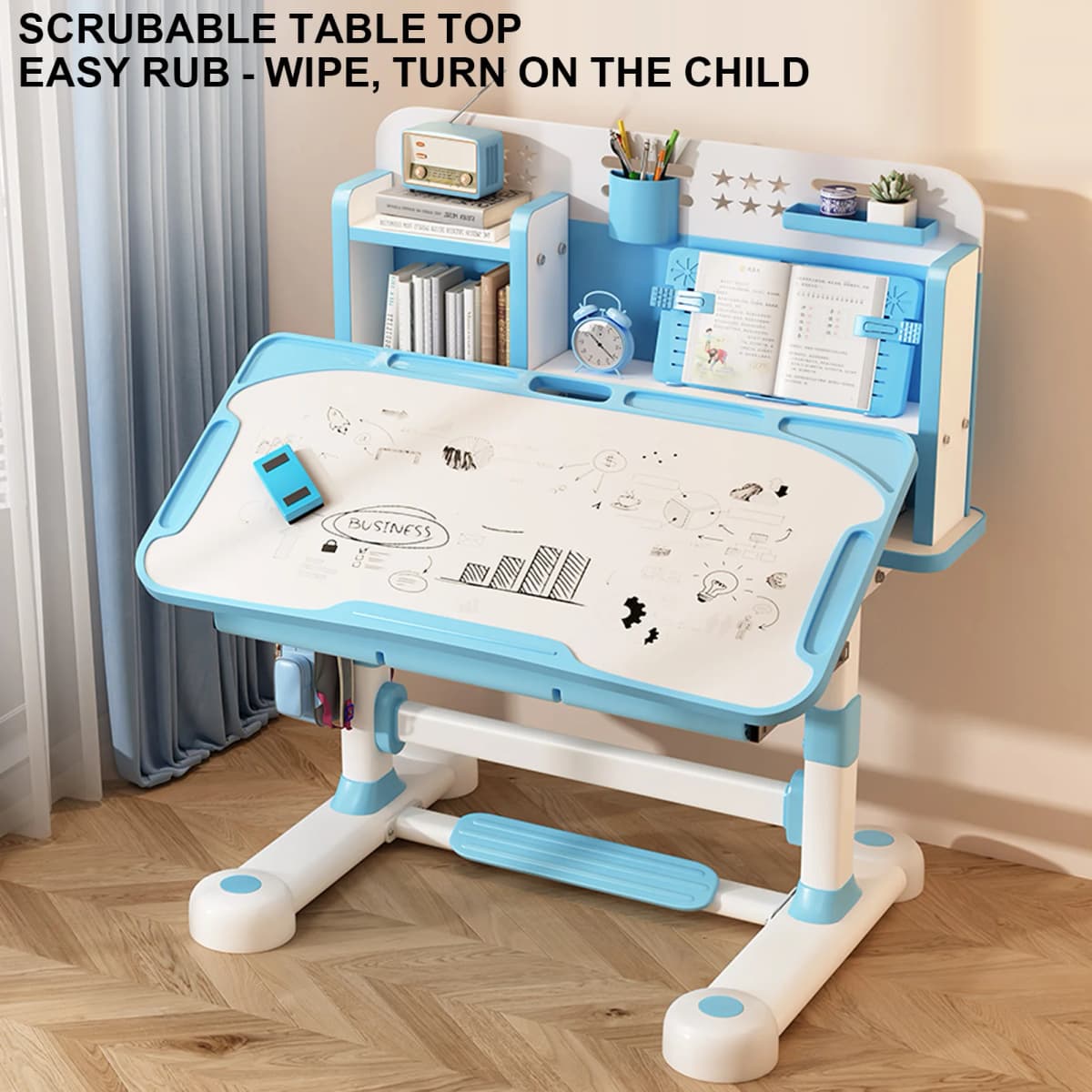 2Pcs/Set Kids Study Desk Chair Set, Height Adjustable Children School Study Table Chair Set with Sitting Corrector Desk