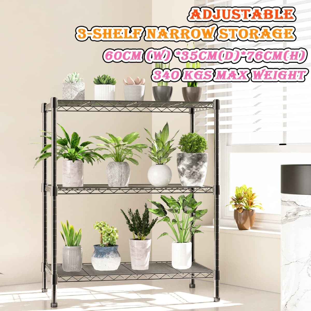 3-Shelf Narrow Storage Unit With Height Adjustable Shelves and Levelling Feet, 340 kg Max Weight, 60cm (W) *35cm(D)*76cm(H)