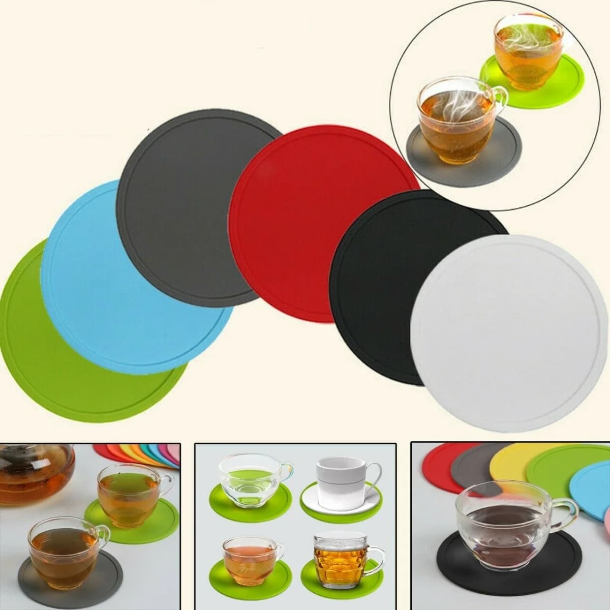 Set OF 4 Rubber Coasters Silicone Non-Slip Round For Coffee Mugs Drinks Tea Mats