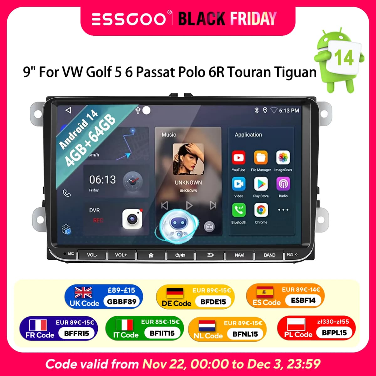 9" Android14 For VW Golf MK5 6 Passat Polo Touran Tiguan Caddy EOS Jetta T5 Seat Car Stereo Carplay GPS Navi BT RDS SWC AI Voice