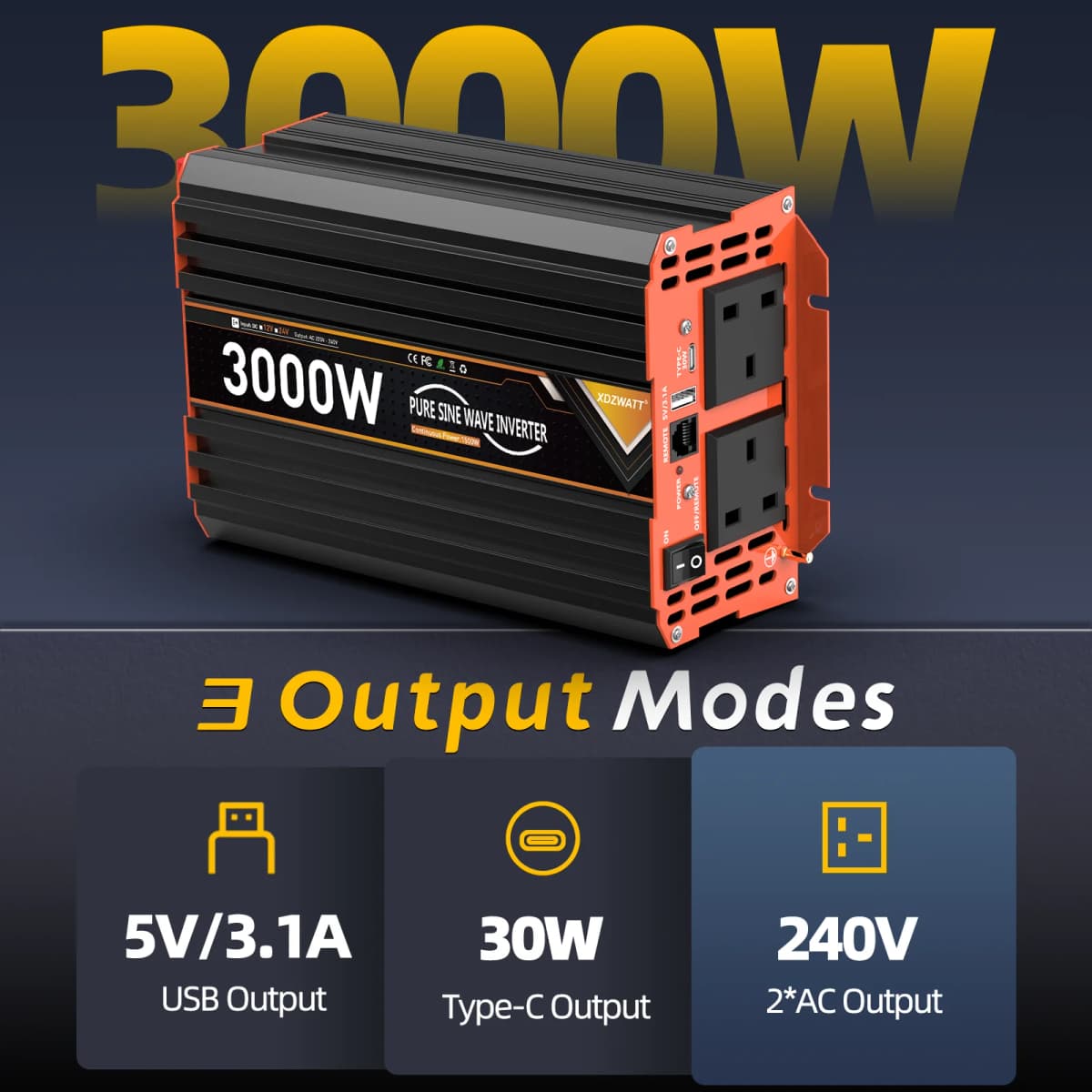 UK Pure Sine Wave Power Inverter 3000W DC 12V/24V To AC 240V Converter 50hz LCD Display Remote Solar car Inverter Transformer