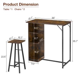 Small Bar Table and Chairs 3-Piece Bar Table Set with 3 Tier Storage Shelves Space Saving Table for Apartment Dining Room