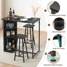 Small Bar Table and Chairs 3-Piece Bar Table Set with 3 Tier Storage Shelves Space Saving Table for Apartment Dining Room