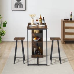 Small Bar Table and Chairs 3-Piece Bar Table Set with 3 Tier Storage Shelves Space Saving Table for Apartment Dining Room