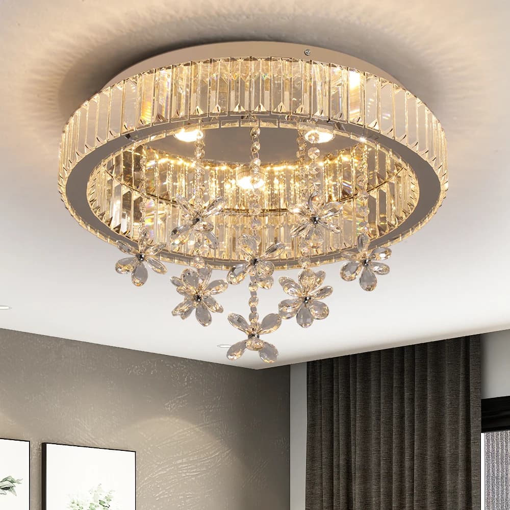 LED Modern Round Crystal Ceiling Light Flush Mount Chandelier with Flower Pendants Prism Crystal Lamp for Living Room Bedroom Home Decor