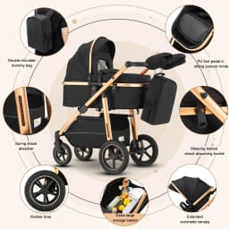 3 in 1 Baby Stroller Fold Pram Carriage Newborn Infant Stroller High Landscape Aluminum Frame Luxurious Portable for Travel Multi-functional Cart Can Sit Reclining easy Folding Strollers
