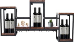Wine Rack Wall Mounted Shelf, Industrial Hanging Bottle Display Storage with Holder,Solid Wood Glass Holder Ceiling for Bar Cafe