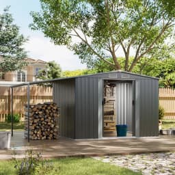 Voltsify Outdoor Metal Firewood Storage Shed with Lean-to Roof Heavy-Duty Powder-Coated Steel Rack Built-In Hooks/Shelf for Logs