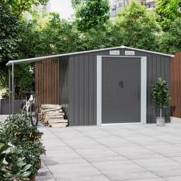 Voltsify Outdoor Metal Firewood Storage Shed with Lean-to Roof Heavy-Duty Powder-Coated Steel Rack Built-In Hooks/Shelf for Logs