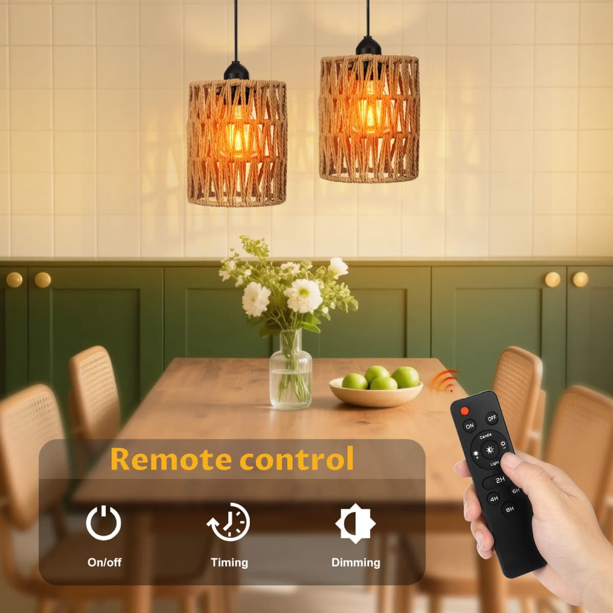 2 Pieces Pendant Lights with Light Bulbs with Remote Control,Rattan Lights, Bohemian Style Lights for Patio, Garden, Living Room