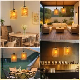 2 Pieces Pendant Lights with Light Bulbs with Remote Control,Rattan Lights, Bohemian Style Lights for Patio, Garden, Living Room