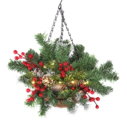 Voltsify Pre Lit Artificial Christmas Hanging Basket with Frosted Pine Cone