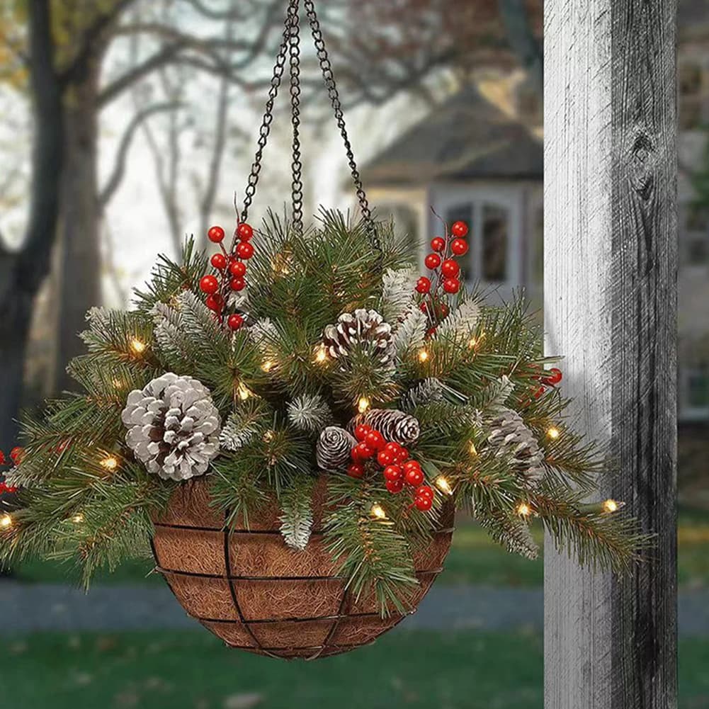 Voltsify Pre Lit Artificial Christmas Hanging Basket with Frosted Pine Cone