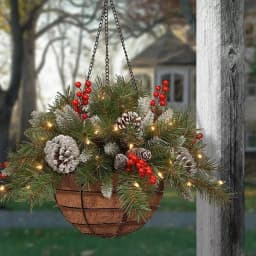 Voltsify Pre Lit Artificial Christmas Hanging Basket with Frosted Pine Cone