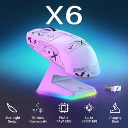 ATTACK SHARK X6 49g SUPERLIGHT Wireless Gaming Mouse with RGB Charging Dock,26000DPI,  2.4G/USB-C Wired/Bluetooth, Grip Tape