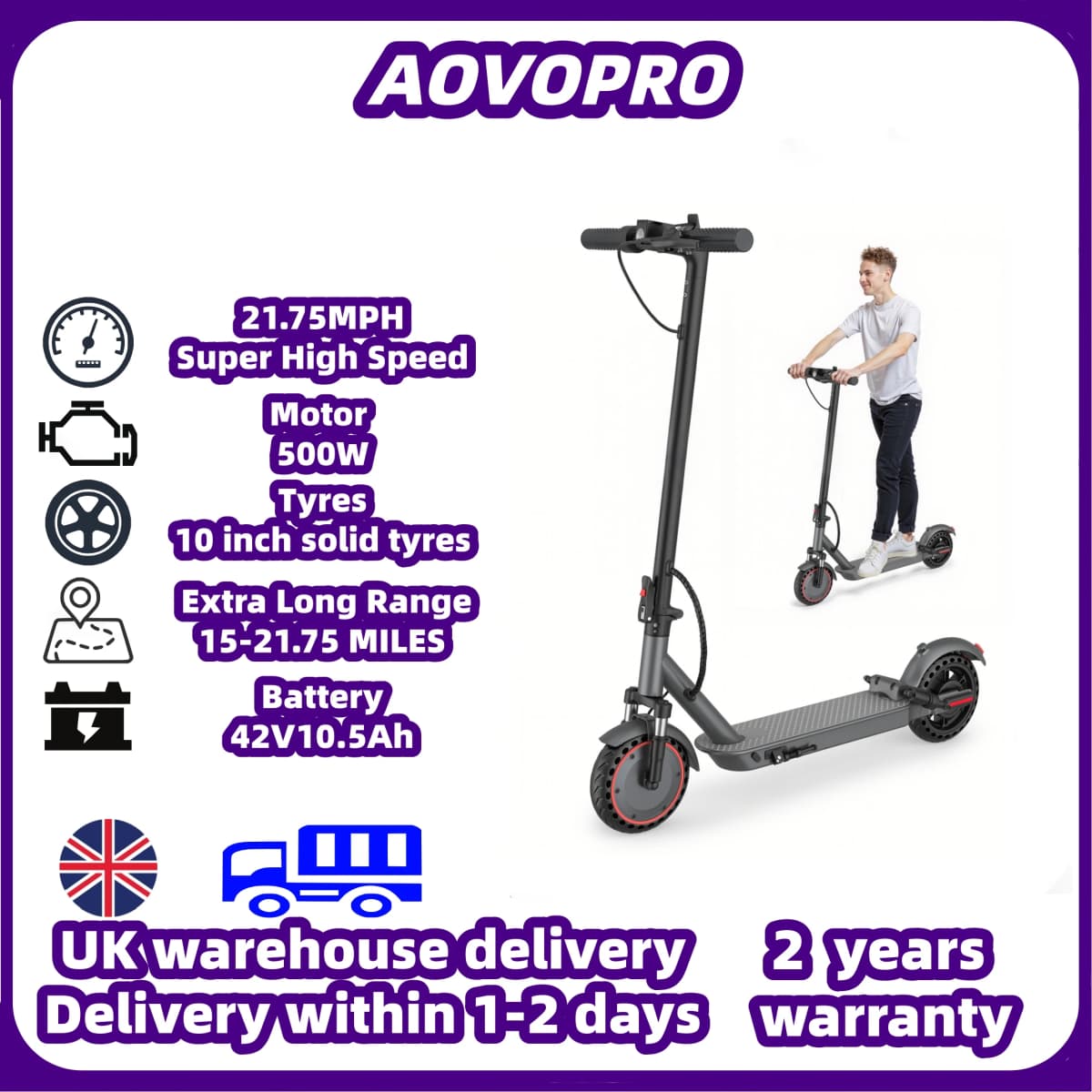 AOVOPRO 500W Electric Scooter Top Speed: 21.75 mph Range: 21.75 miles 10-inch Tyres Shock-Absorbing Smart Folding Scooter