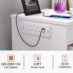 Wooden Flip-top Bedside Table for Bedroom UK Plug with One Drawer/Charging Station 2AC/2USB/1m Light Strip/Open-Shelf Storage