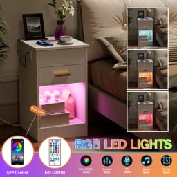 Wooden Flip-top Bedside Table for Bedroom UK Plug with One Drawer/Charging Station 2AC/2USB/1m Light Strip/Open-Shelf Storage
