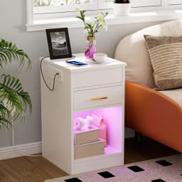 Wooden Flip-top Bedside Table for Bedroom UK Plug with One Drawer/Charging Station 2AC/2USB/1m Light Strip/Open-Shelf Storage