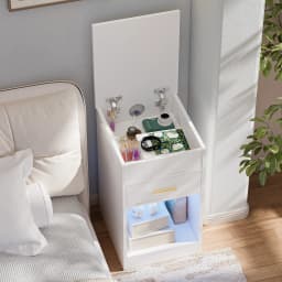 Wooden Flip-top Bedside Table for Bedroom UK Plug with One Drawer/Charging Station 2AC/2USB/1m Light Strip/Open-Shelf Storage