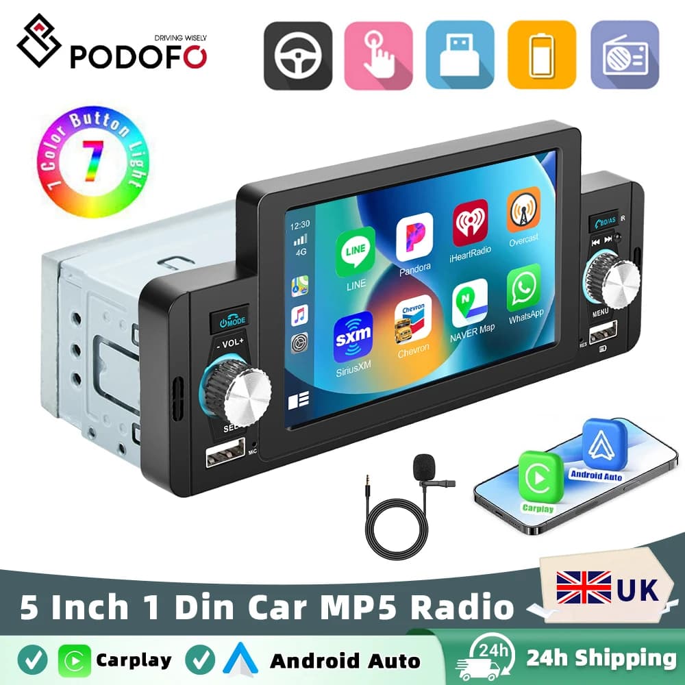 Podofo Carplay Android Auto Car Radio MP5 Player 5 Inch 1 Din Universal Multimedia Player HD Touch Screen BT FM