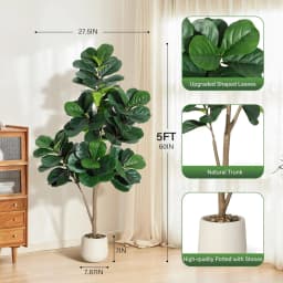 5FT Fiddle Leaf Fig Tree Artificial with 77 Leaves - Realistic Faux Ficus Lyrata Trees in 7.8" Grey Planter Pot, Indoor Fake Flo