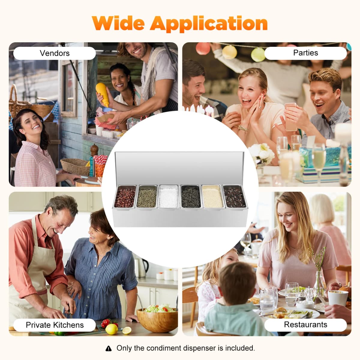 6Compartment Food Grade Stainless Steel Condiment Dispenser Rectangular Design Hygienic Safe Dishwasher Safe for Kitchen Storage