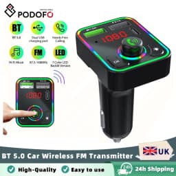 Podofo Car Wireless FM Transmitter Adapter BT 5.0 2 USB Charger Type-C Car Charger FM Transmitter
