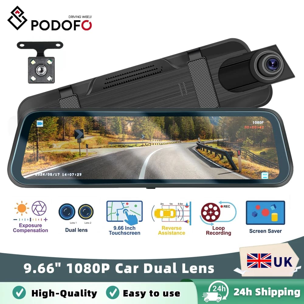 Podofo Car DVR Recorder Parking Mirror Monitor 9.66 Inch 1080P HD Dual Lens Automobile Dash Cam 24-Hour Parking Monitor
