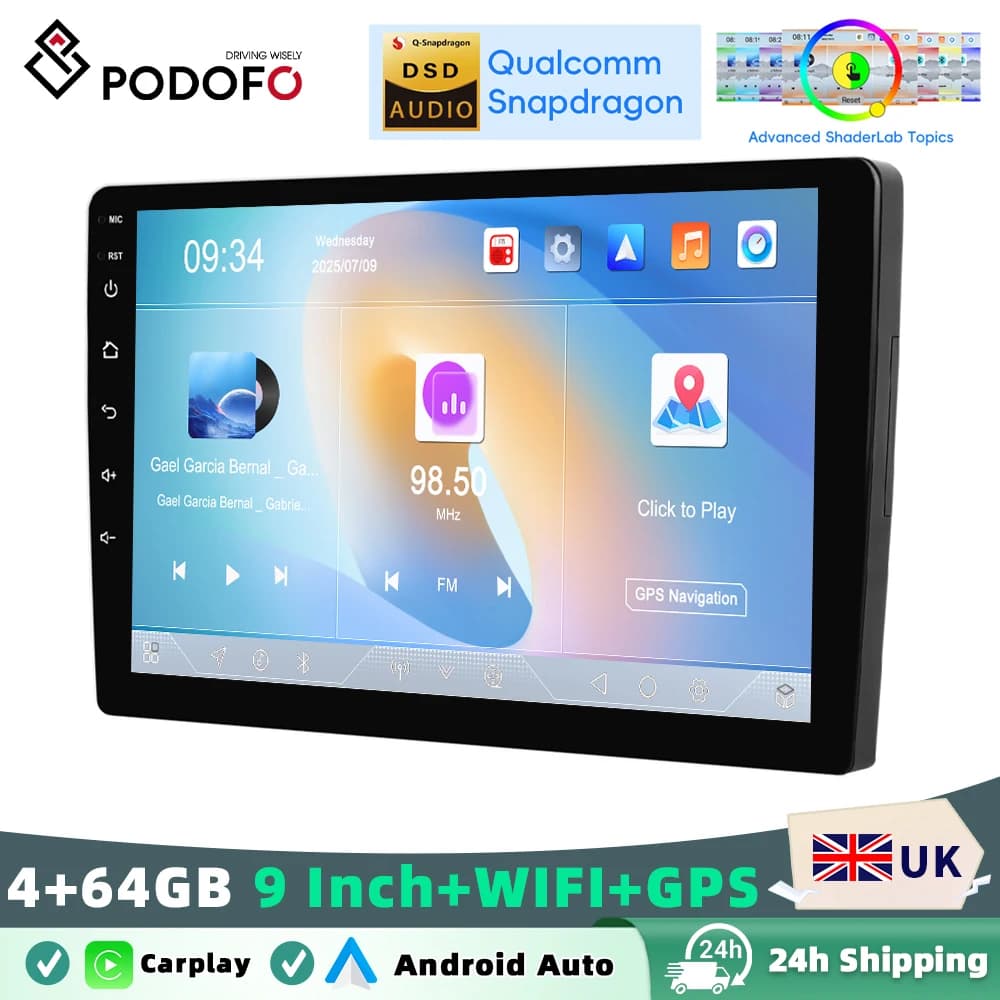 Podofo 4+64GB Wireless Carplay Android Auto Car Stereo Radio 8 Core Car Multimedia Player Mirror Link 9 Inch GPS BT FM RDS